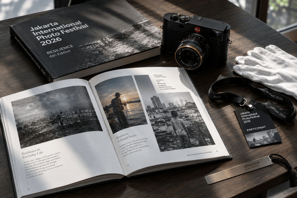 Katalog kuratorial resmi JIPFest 2026 bertema RESILIENCE bersanding dengan kamera rangefinder analog.