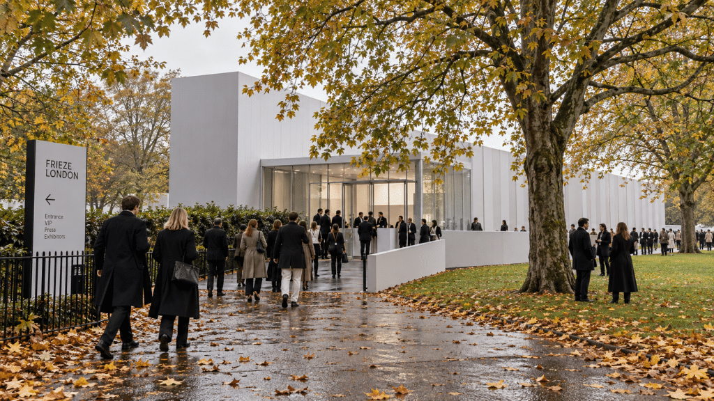 Fasad paviliun tenda putih kontemporer Frieze London membentang di tengah lanskap hijau The Regent's Park London.