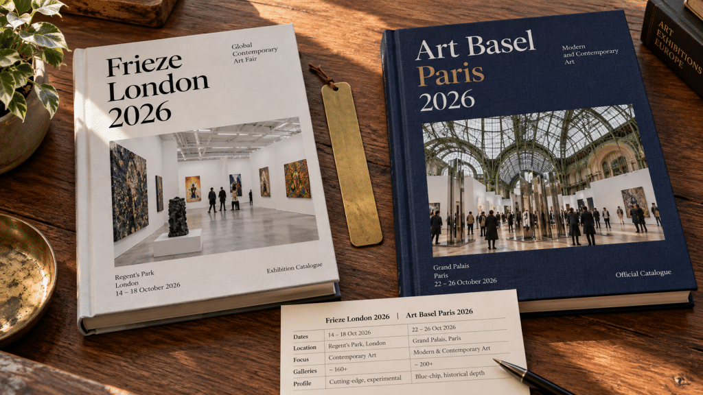 Katalog pameran resmi bersampul tebal Frieze London dan Art Basel Paris diletakkan berdampingan di atas meja kayu.