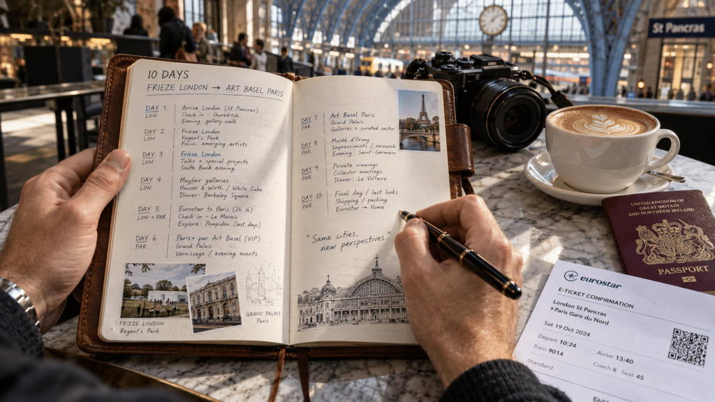 Meja rencana perjalanan memuat tiket kereta Eurostar London ke Paris, buku catatan harian seni, dan paspor di atas meja kopi.