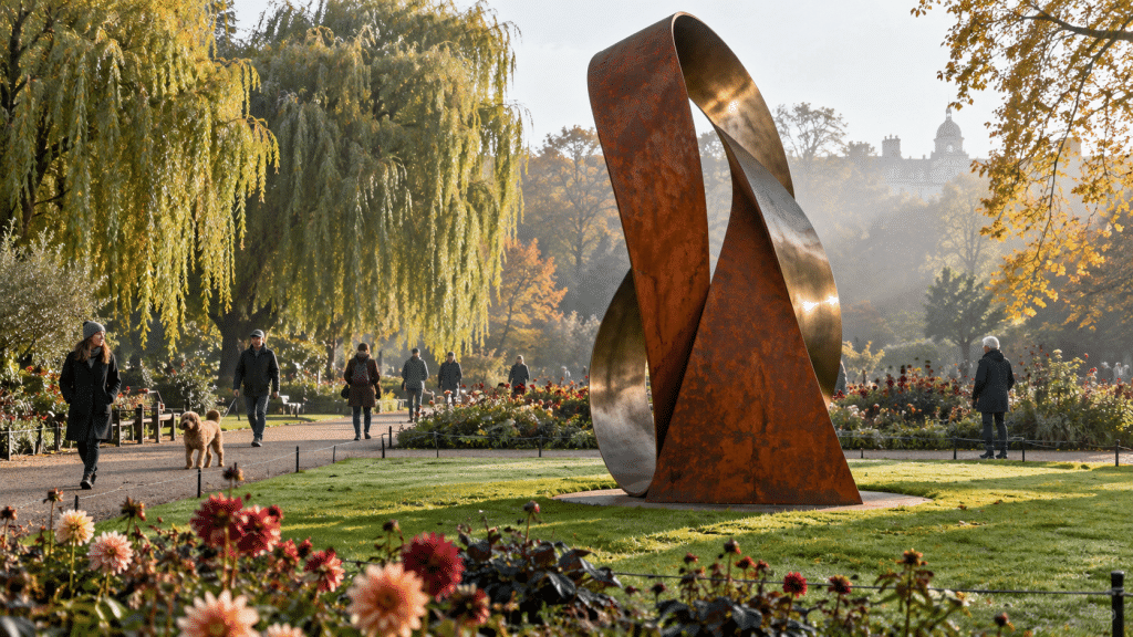 Patung monumental kontemporer di ruang terbuka English Gardens The Regent's Park dalam pameran Frieze Sculpture gratis.